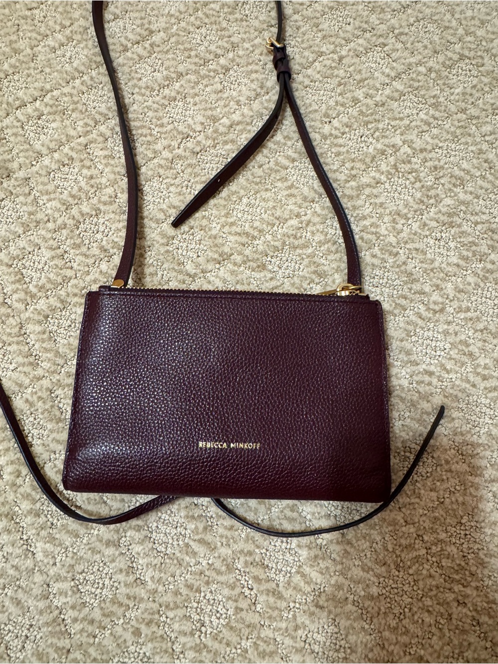 Rebecca Minkoff Burgundy Pebble Leather Crossbody wallet with Gold Hardware
